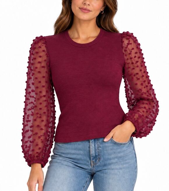 Maeve Tops - Maeve Anthropologie Plum Swiss Dot Puff Sleeve Textured Top XXS